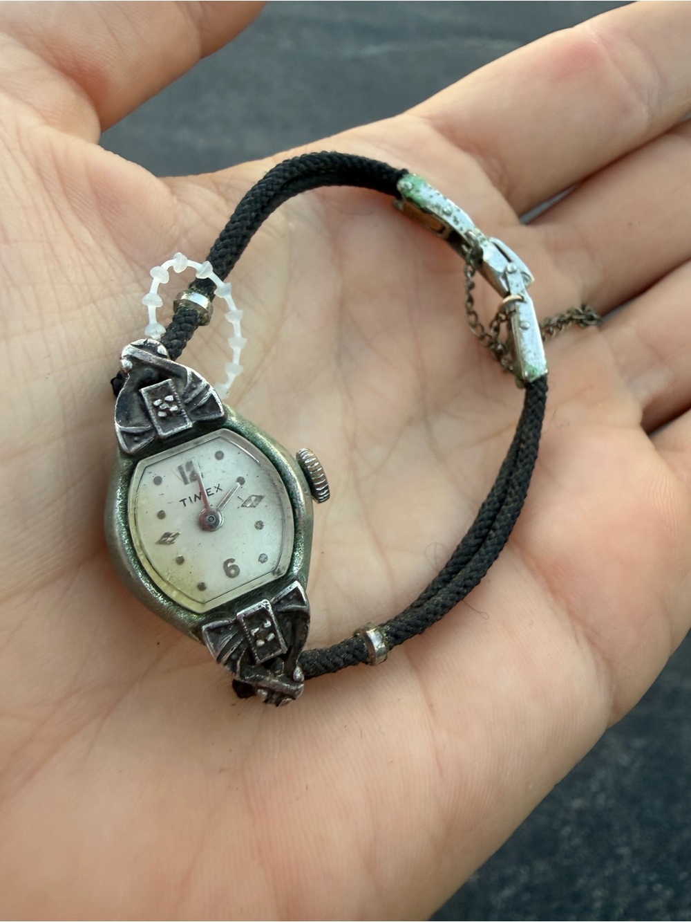 Vintage  Timex Ladies Black Strap Silver-Tone Decorative Case Watch